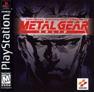 Metal Gear Solid's  box art for the PlayStation. It has the name  of the game over the forehead of the shadowy face of Solid Snake.