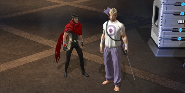 My Wiccan character standing next to the boyfriend's "Hawkguy" character.